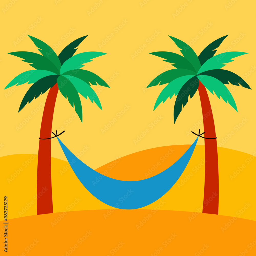 a cartoon hammock tied between two palm trees, gently swaying over a sandy beach a cartoon hammock tied between two palm trees, gently swaying over a sandy beach