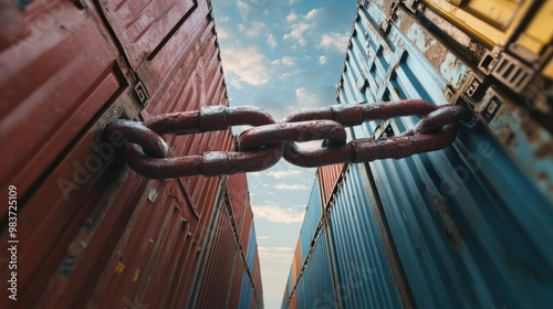 A broken chain blocking shipping container symbolizes disruption and challenges in logistics. vibrant colors of containers contrast with heavy chain, evoking sense of urgency and tension photo