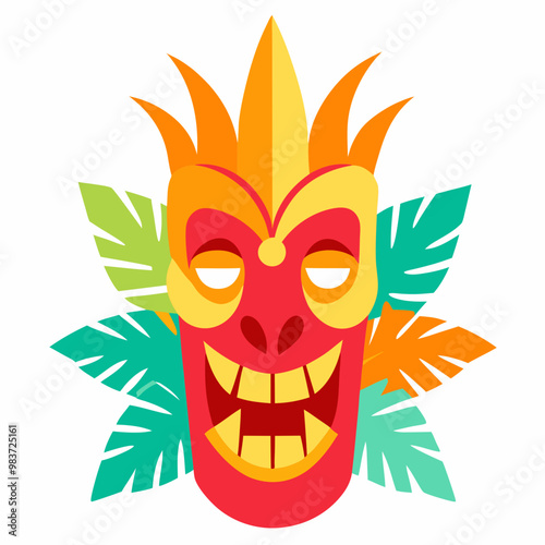  colorful tiki mask with exaggerated features, resting on the sand with a few tropical leaves around it.