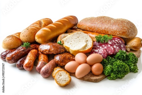 A traditional German Labskaus meal featuring sausages, bread, eggs, and a side of parsley, perfect for a hearty and satisfying lunch or dinner. photo