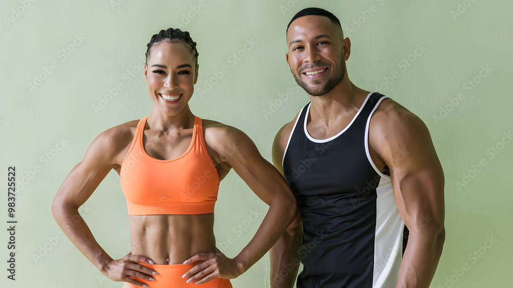 Fit Couple Smiling Confidently in Activewear at Gym Fit Couple Smiling Confidently in Activewear at Gym