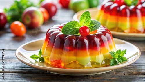 A close-up photo of colorful and wobbly jelly dessert , sweet, gelatin, dessert, texture, food, colorful, fruity,tasty, treat, wobble photo