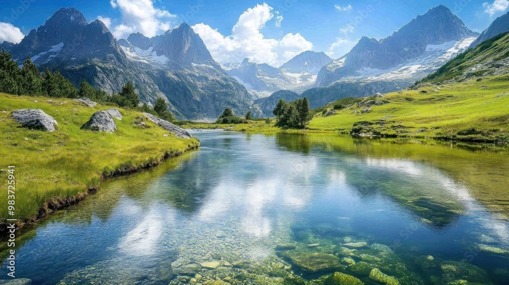 Fototapeta premium Serene Mountain River with Clear Water