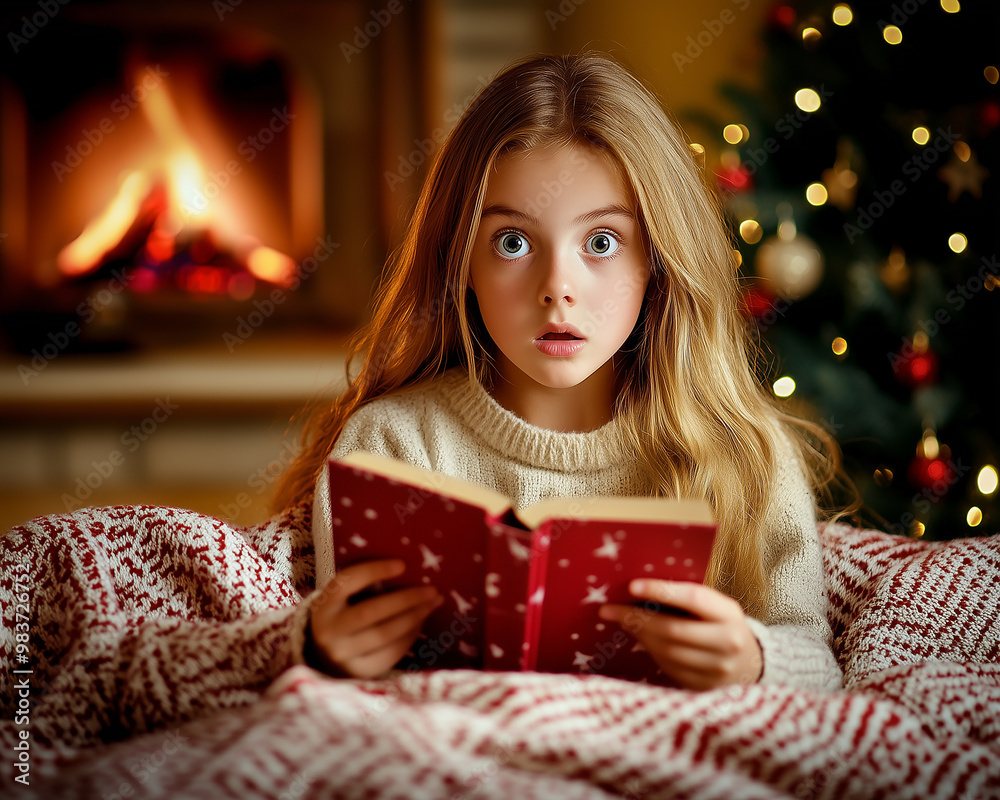 Girl with a Book by the Fireplace. Merry Christmas Girl with a Book by the Fireplace. Merry Christmas