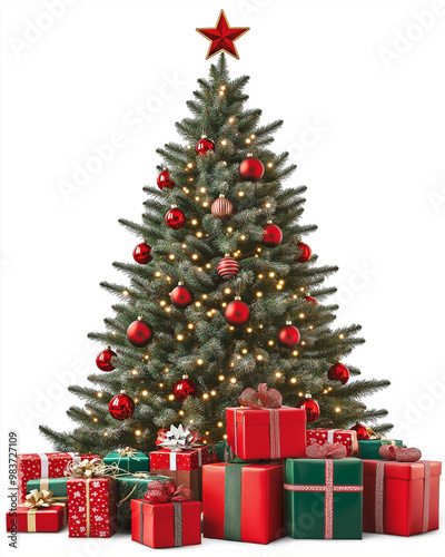 Decorated Christmas Tree with Gifts on a White Background. Merry Christmas