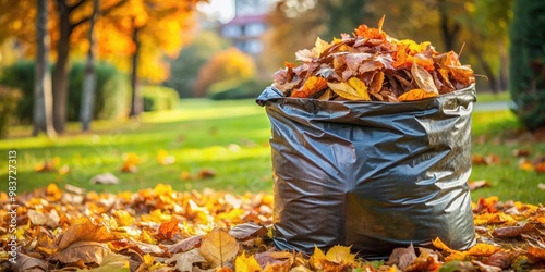 Garbage bag full of autumn leaves in front yard , autumn, leaves, fall, yard, outdoors, seasonal, cleanup, raking, nature photo