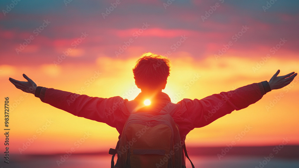 Fototapeta premium A traveler stands with arms outstretched toward horizon, embracing vibrant sunset. scene evokes sense of freedom and adventure, capturing beauty of nature
