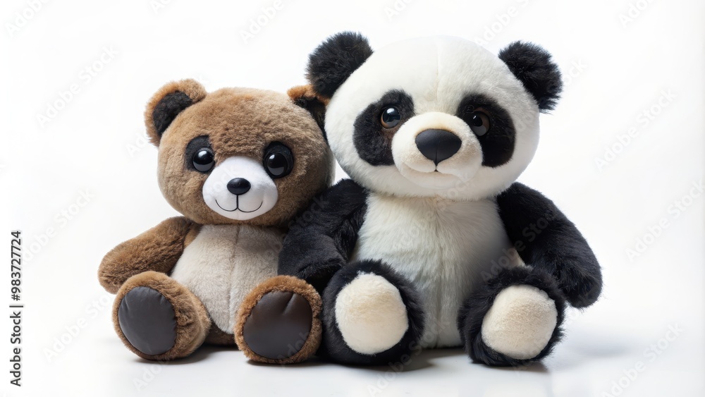 Cute panda and bear plush toys on a white background, cuddly, adorable, stuffed animals, black and white, furry Cute panda and bear plush toys on a white background, cuddly, adorable, stuffed animals, black and white, furry