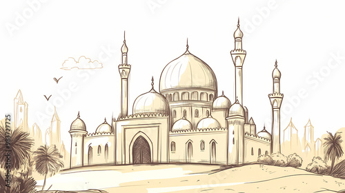 Sketch of a mosque in a doodle art style. Doodle Art. Illustration