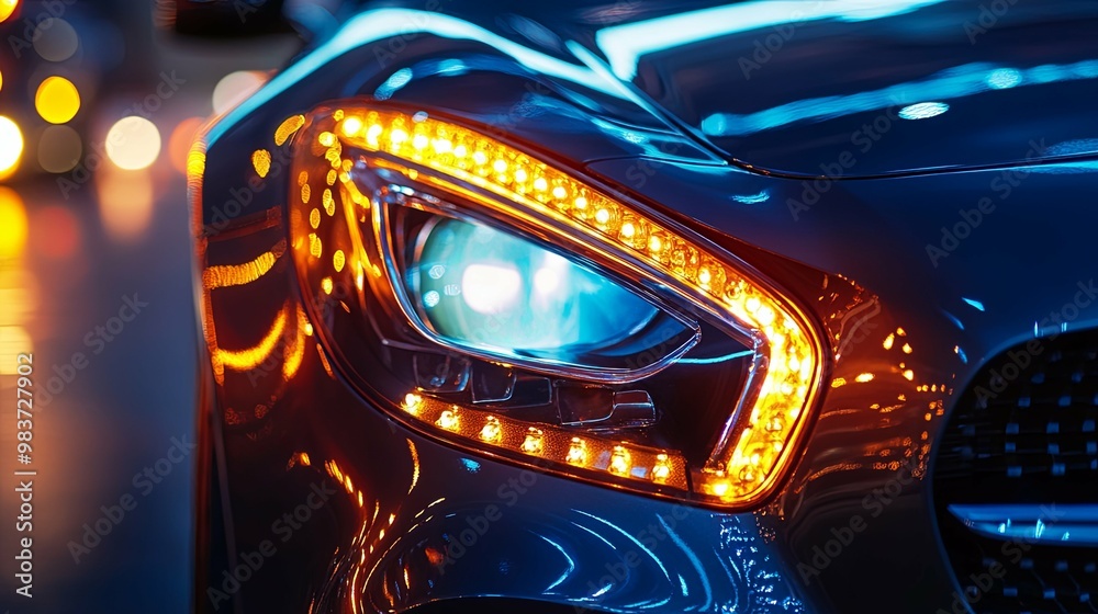 Close-up of a Car Headlight with Amber DRLs and Reflected Lights Close-up of a Car Headlight with Amber DRLs and Reflected Lights