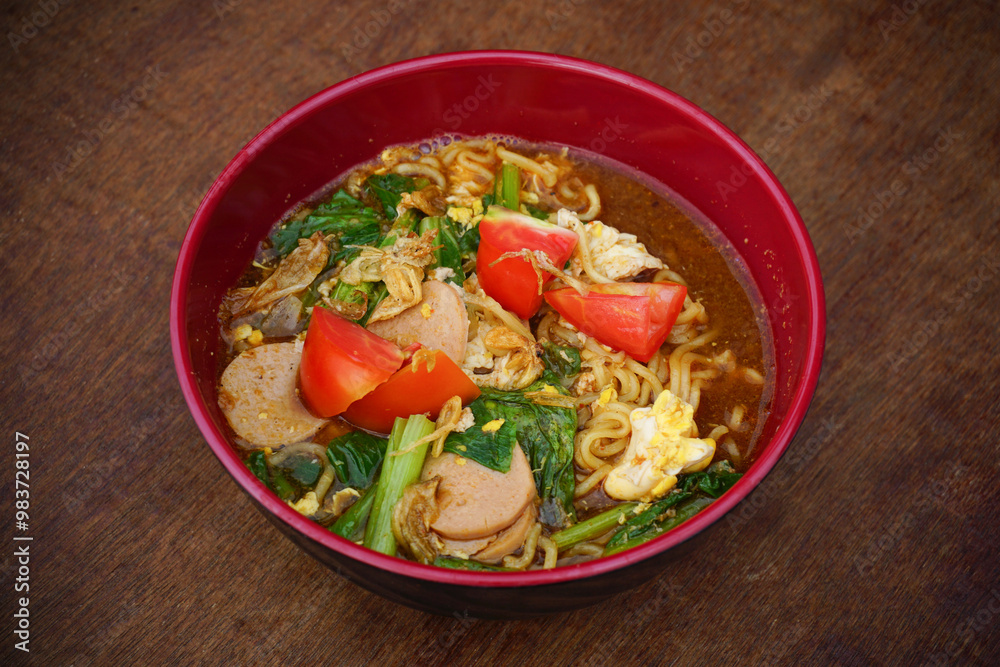 Indonesian Mie Tek-Tek noodle soup with vegetables and meat served in red bowl on wooden table. Food concept. Indonesian Mie Tek-Tek noodle soup with vegetables and meat served in red bowl on wooden table. Food concept.