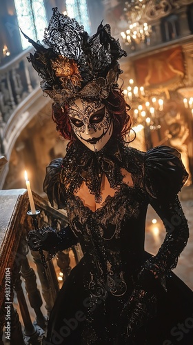 Mysterious woman in black lace dress and sugar skull makeup holding a candle.