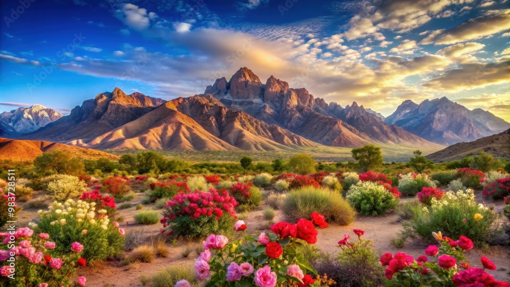 Fototapeta premium Beautiful mountains towering over a desert landscape filled with vibrant roses, desert, mountains, roses, beauty, stunning