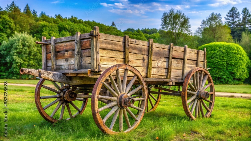 Old wooden horse-drawn rural wagon with four wheels, vintage, rustic, transportation, historic, countryside, relic, cart Old wooden horse-drawn rural wagon with four wheels, vintage, rustic, transportation, historic, countryside, relic, cart