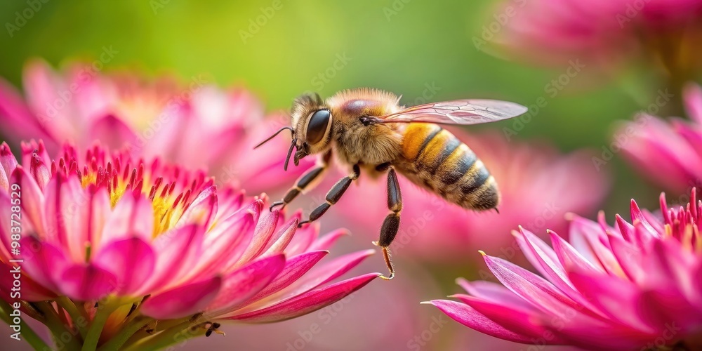 Close-up of a bee hovering next to a pink flower head in Indonesia , bee, insect, pink, flower, nature, close-up, pollination