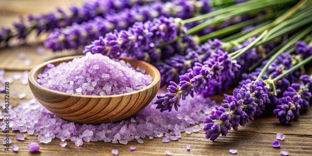 Close up of lavender salt with scattered fresh lavender flowers, culinary, gourmet, seasoning, organic, food photography Close up of lavender salt with scattered fresh lavender flowers, culinary, gourmet, seasoning, organic, food photography