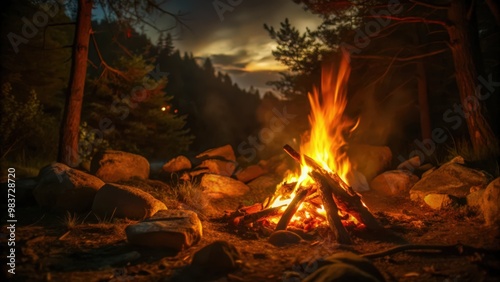 A Campfire Blazes Brightly in the Forest at Dusk