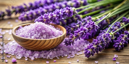 Close up of lavender salt with scattered fresh lavender flowers, culinary, gourmet, seasoning, organic, food photography