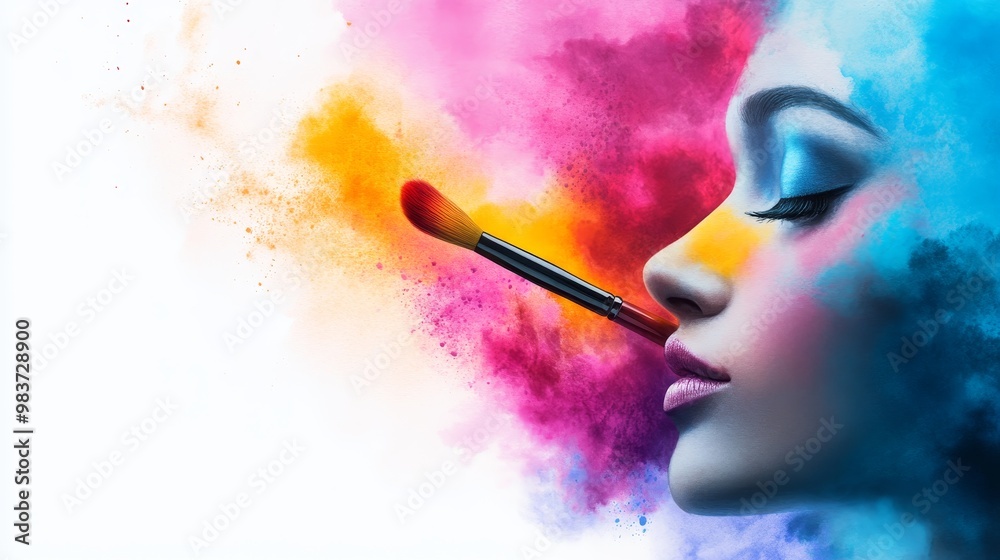 Obraz premium A woman's face is adorned with vibrant colors, symbolizing creativity, self-expression, transformation, beauty, and the power of art.
