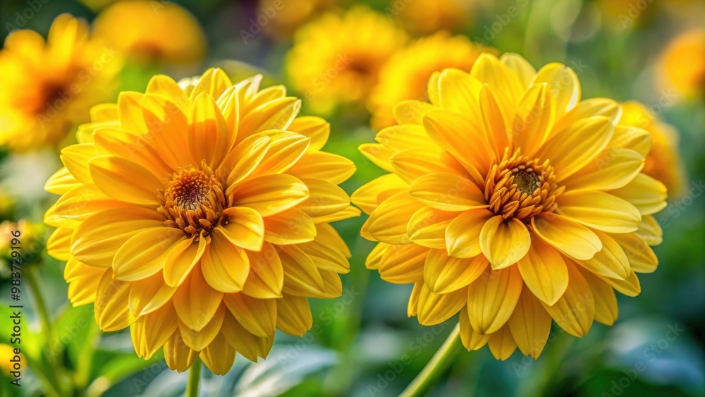 Close-up of two vibrant yellow flowers in full bloom in a garden , yellow, flowers, garden, bloomed, close-up, vibrant, petal Close-up of two vibrant yellow flowers in full bloom in a garden , yellow, flowers, garden, bloomed, close-up, vibrant, petal