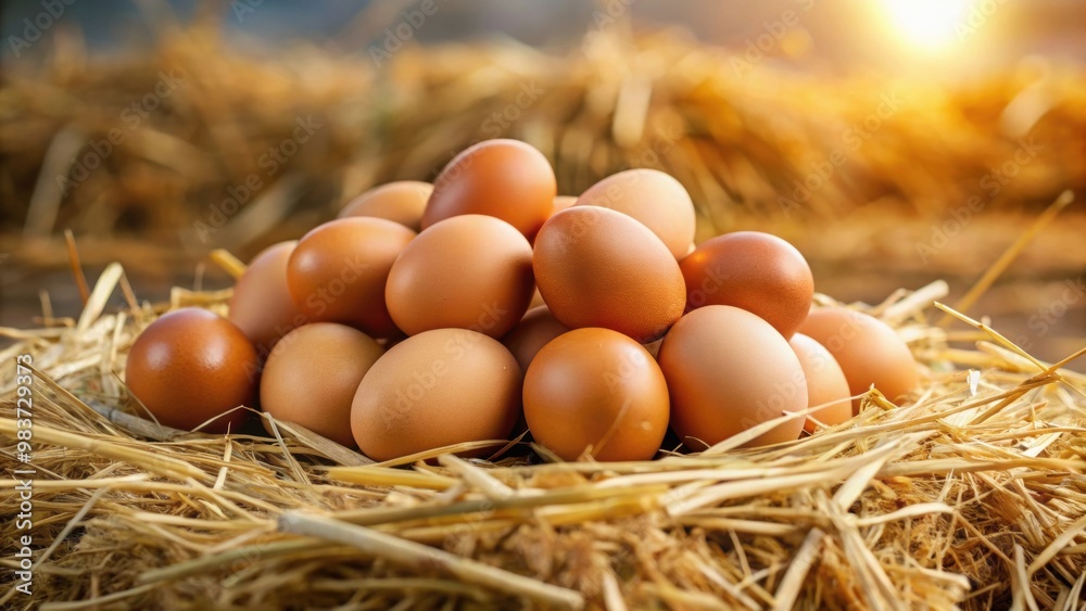 Pile of organic eggs on straw in rural farm , farm, fresh, brown, eggs, organic, natural, rural, agriculture, straw, nest Pile of organic eggs on straw in rural farm , farm, fresh, brown, eggs, organic, natural, rural, agriculture, straw, nest