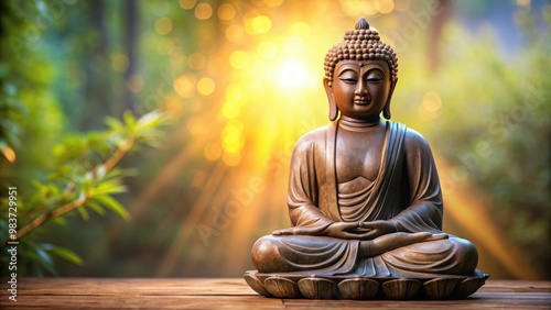 A serene Buddha statue in a peaceful setting, meditation, enlightenment, spiritual, religion, Buddhism, zen, peaceful