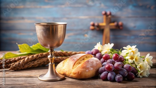 Easter communion still life with chalice of wine and bread, Easter, communion, religious, Christianity, sacrament