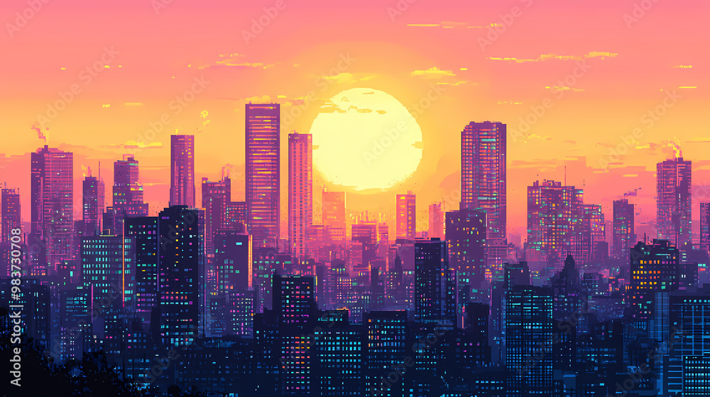 Fototapeta premium Pixel art city sunset. Pixel Art. Illustration