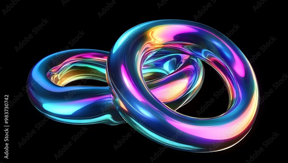 Abstract fluid. 3d render of colorful ring on black background, glowing light effect. intertwined rings Abstract fluid. 3d render of colorful ring on black background, glowing light effect. intertwined rings