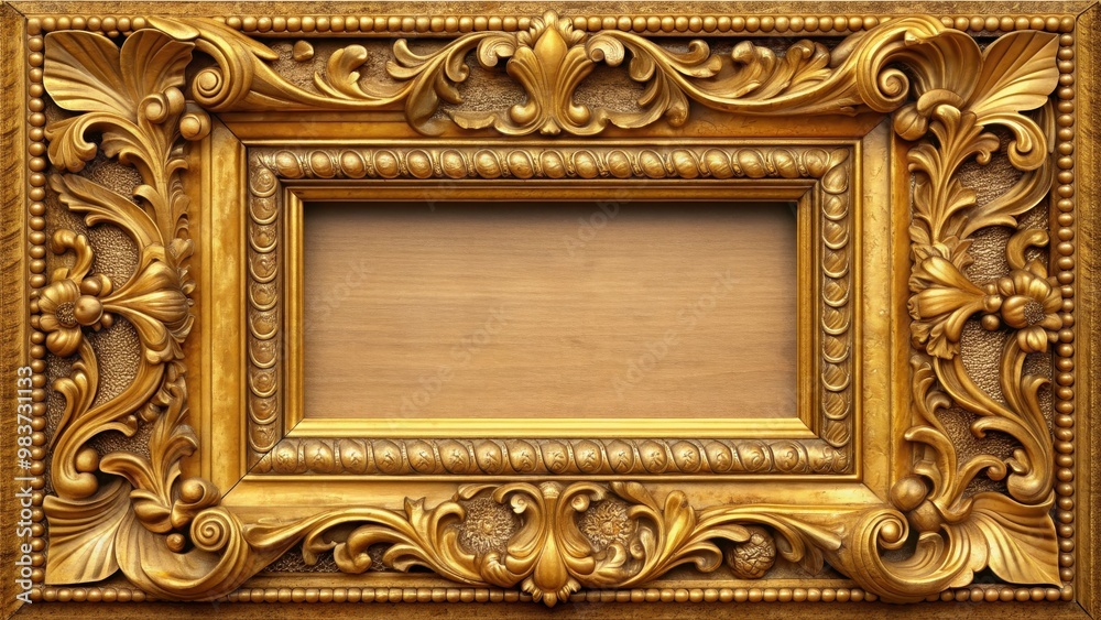 Gold frame with intricate wooden detailing, gold, frame, wooden, intricate, vintage, design, decorative, elegant, luxury