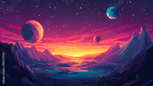 Fototapeta Naklejka Na Ścianę i Meble -  Pixel art space background - generative ai. Pixel Art. Illustration