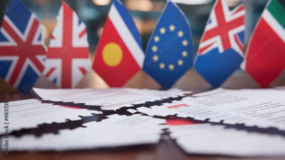 Fototapeta premium image features torn trade agreement documents in foreground, with various international flags in background, symbolizing global trade relations and agreements