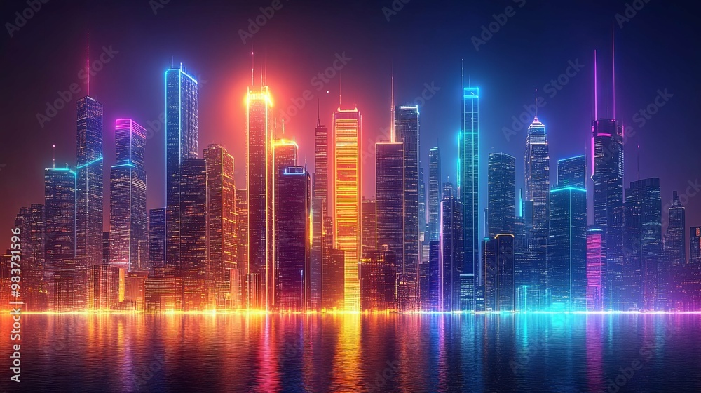 Neon Cityscape with Skyscrapers Reflected in Water Neon Cityscape with Skyscrapers Reflected in Water