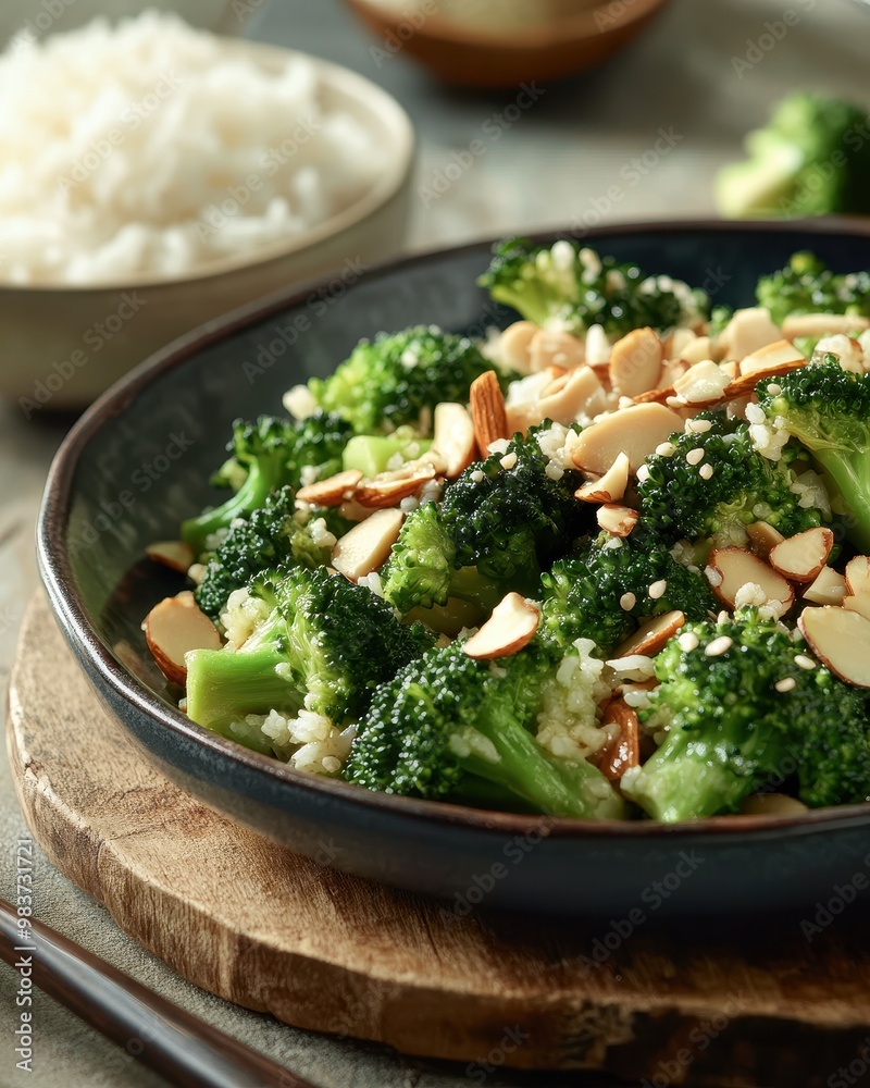 A bowl of stir-fried broccoli topped with almonds, served alongside a bowl of rice. A bowl of stir-fried broccoli topped with almonds, served alongside a bowl of rice.