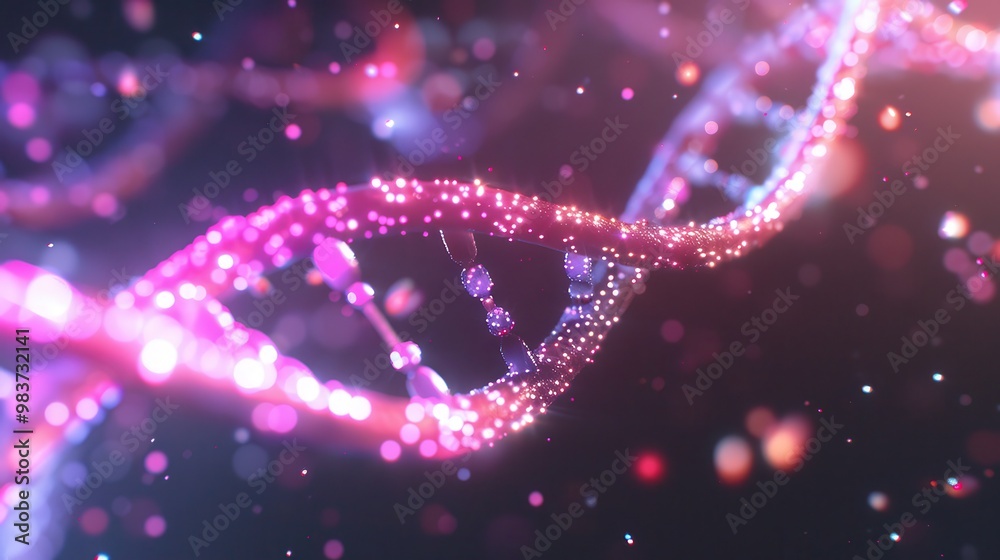 Vibrant DNA Illustration, a close-up depiction of a luminous DNA strand amidst colorful effects and a particle backdrop, representing advancements in genetic research and science. Vibrant DNA Illustration, a close-up depiction of a luminous DNA strand amidst colorful effects and a particle backdrop, representing advancements in genetic research and science.