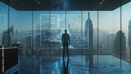 An entrepreneur stands in a sleek, modern office with a panoramic city skyline view. An AI hologram presents innovative business models and strategies on a large digital screen. The office is stylish