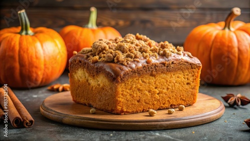 Fototapeta Naklejka Na Ścianę i Meble -  Pumpkin spice cake topped with streusel, perfect for fall, pumpkin, spice, cake, streusel, dessert, autumn, seasonal, delicious