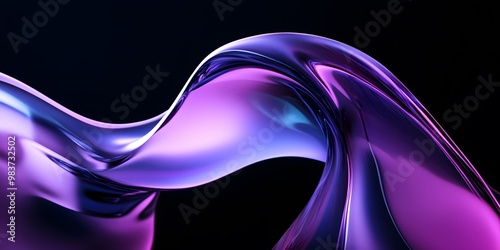 Abstract minimalist liquid glass shapes on a black background, with a purple and blue gradient lighting effect. A liquid glass sculpture with fluid,