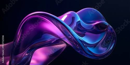 Abstract minimalist liquid glass  shapes on a black background, with a purple and blue gradient lighting effect. A liquid glass sculpture with fluid,
