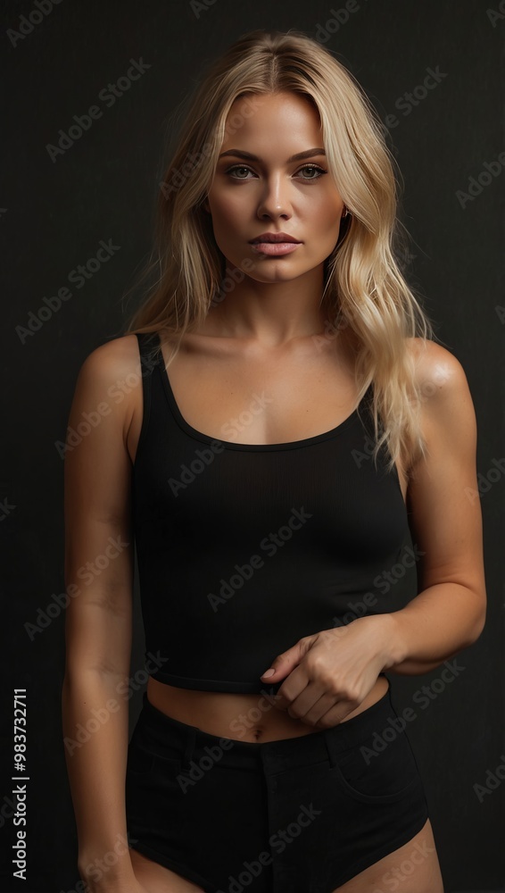 Blonde woman in black outfit posing confidently Blonde woman in black outfit posing confidently