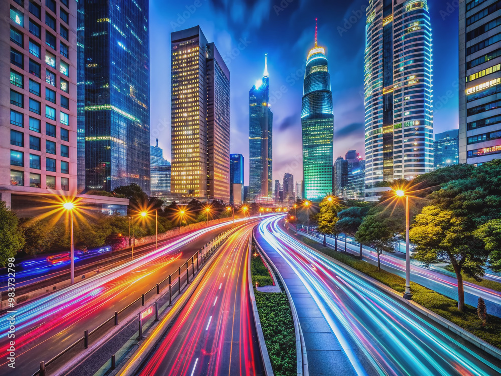 Vibrant cityscape at night with sleek cars speeding by, leaving behind trails of colorful light, capturing the dynamic energy of urban transportation and fast-paced living.
