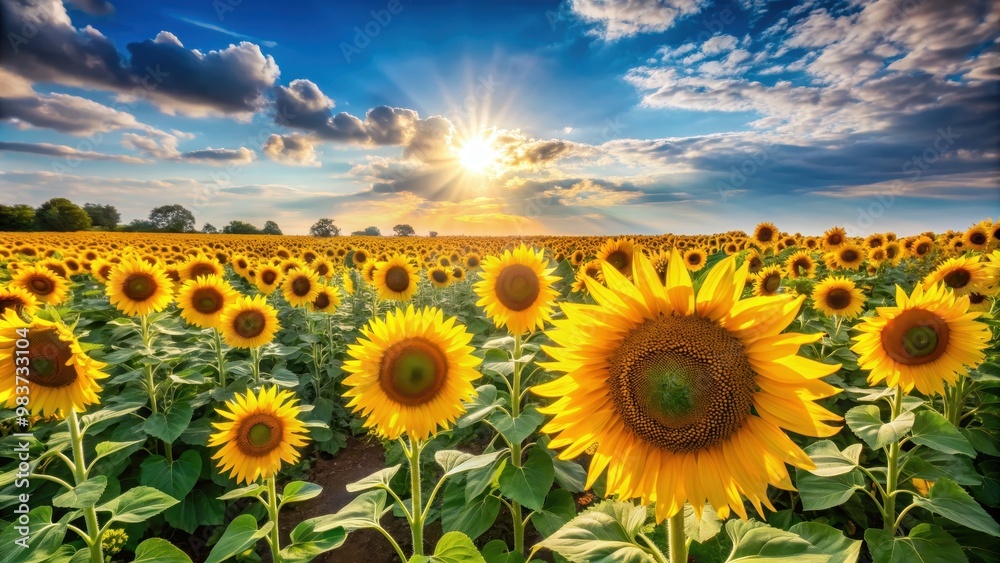 Fototapeta premium Vibrant sunflowers standing tall in a vast field under the bright sun, nature, beauty, agriculture, green, yellow, petals