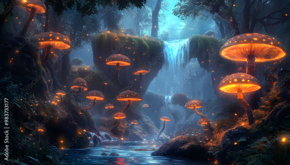 Fototapeta premium A mystical forest with glowing mushrooms, winding rivers, and floating islands, creating a magical and otherworldly feel