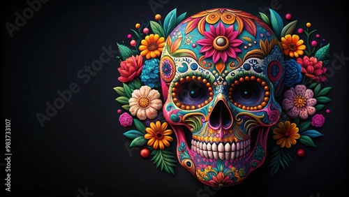 Colorful Dia de Muertos sugar skull with floral designs on a black background, sugar skull