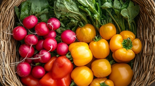 A Basket of Radishes, Bell Peppers, and Greens