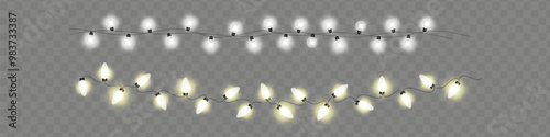 Lights bulbs border isolated on transparent background. Glowing fairy Christmas garland string.