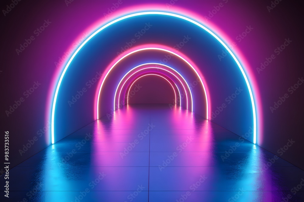 Abstract neon light background with glowing round arches and lines, blue, pink, and purple gradient. Abstract neon light background with glowing round arches and lines, blue, pink, and purple gradient.