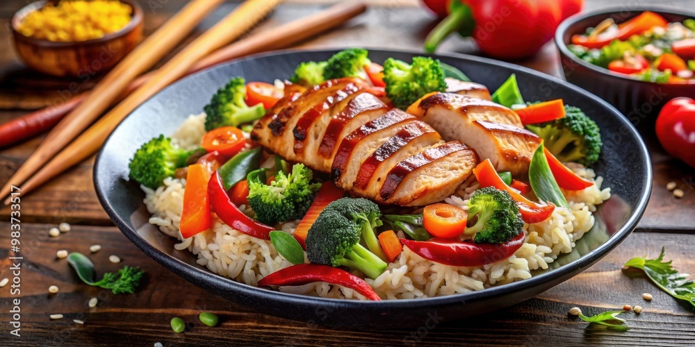 Asian rice dish with grilled chicken, bell peppers, broccoli, and carrots, delicious, Asian-inspired, cuisine, food, rice Asian rice dish with grilled chicken, bell peppers, broccoli, and carrots, delicious, Asian-inspired, cuisine, food, rice