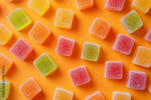 Gummy candy fruit on orange background  photo