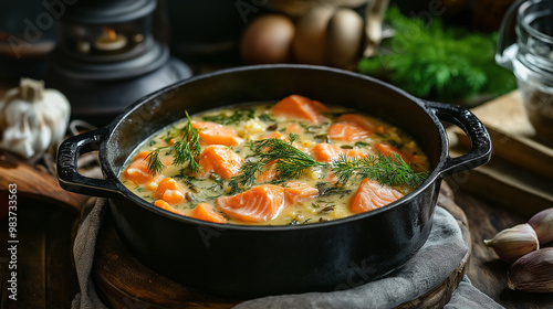 Serving pan with finnish traditional salmon soup